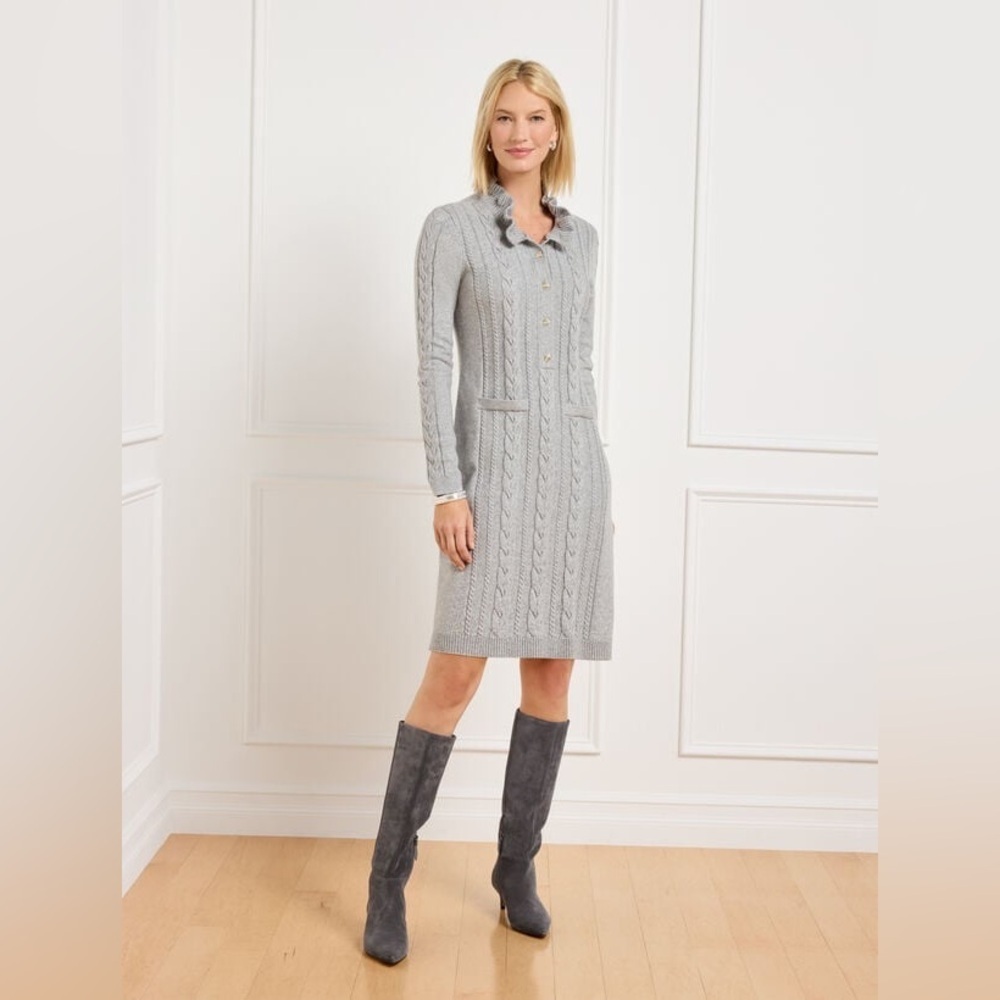 Talbot’s Ruffle Neck Cable Knit Sweater Dress in Heather Gray, Sz. Small Petite
